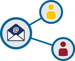Graphic showing 3 connected circles with a email icon inside one and a person icon inside the other 2