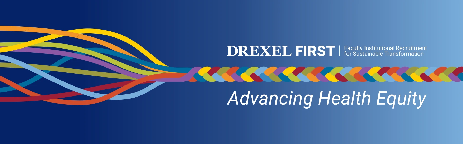 Illustrated horizontal multi-color braid with flowing ends with white type over blue gradient